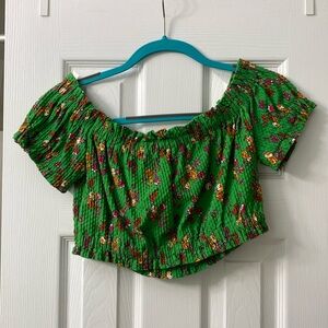 Topshop Green Floral Off-the-shoulder Crop Top